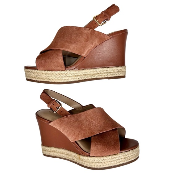 Halston NEW Stella Wedge Sandals Leather Suede Espadrille SZ 6.5 Wide - Picture 2 of 12